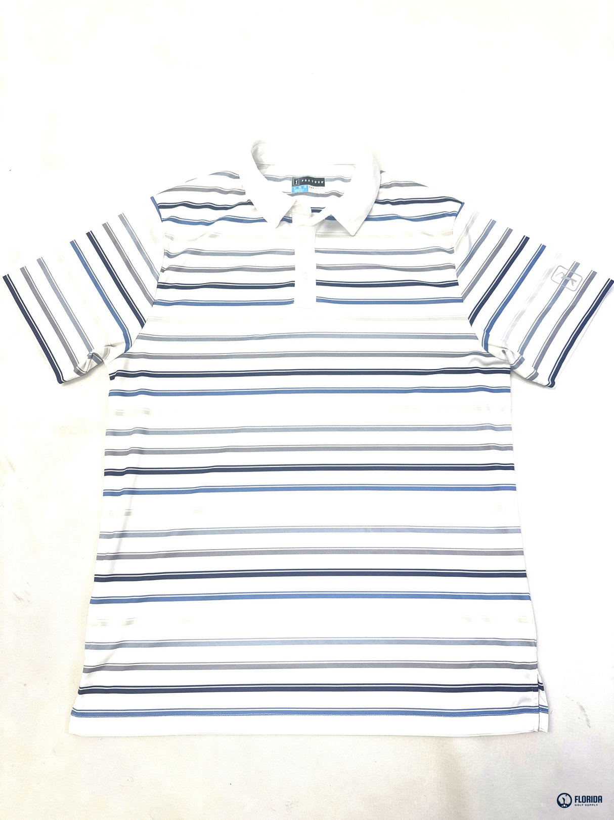 PGA Tour Men's Golf Polo Shirt White Blue Gray Striped Athletic Fit Sz L